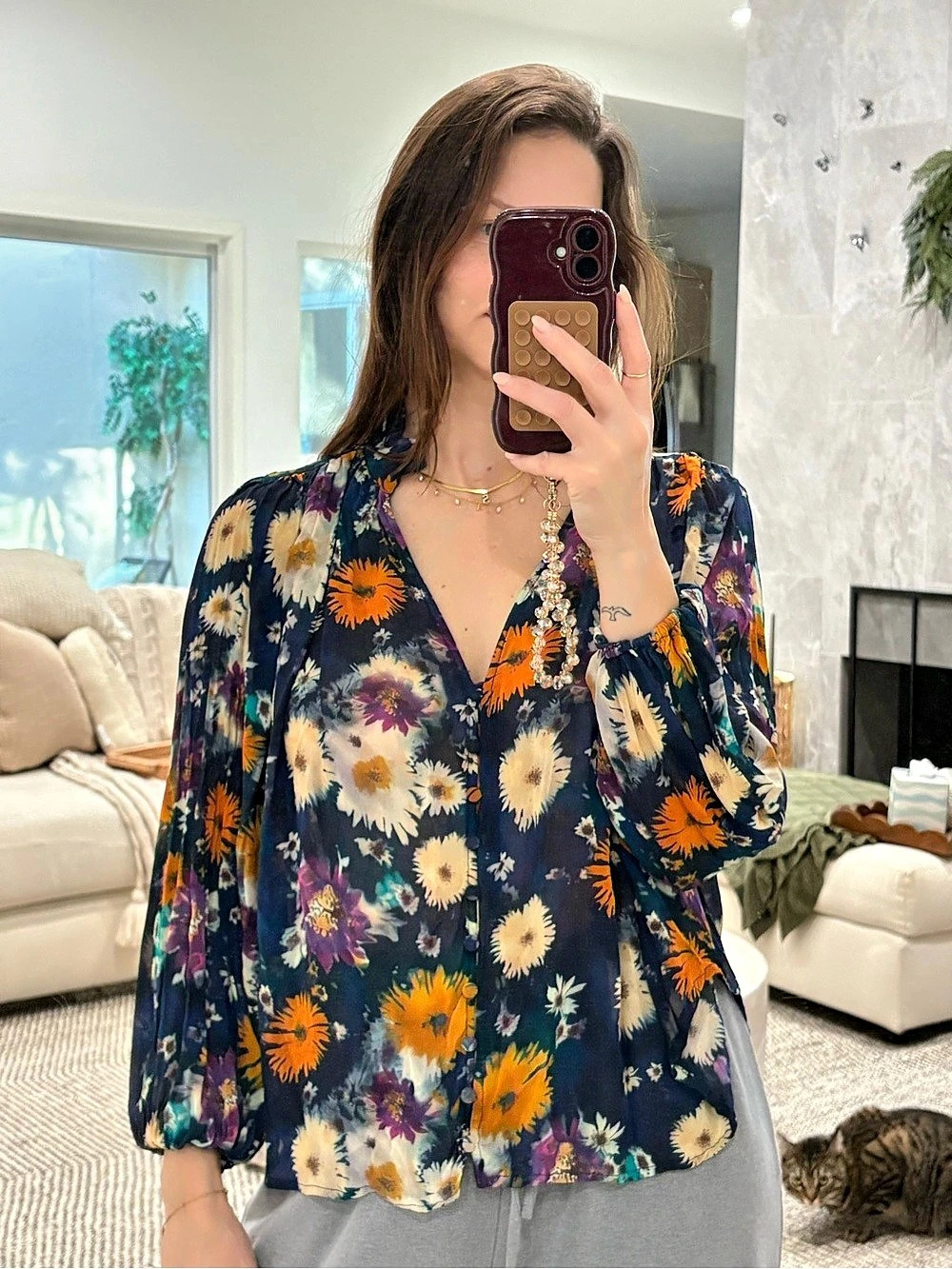 By Anthropologie Navy Floral Pom Pom Puff Sleeve Button Blouse XS.